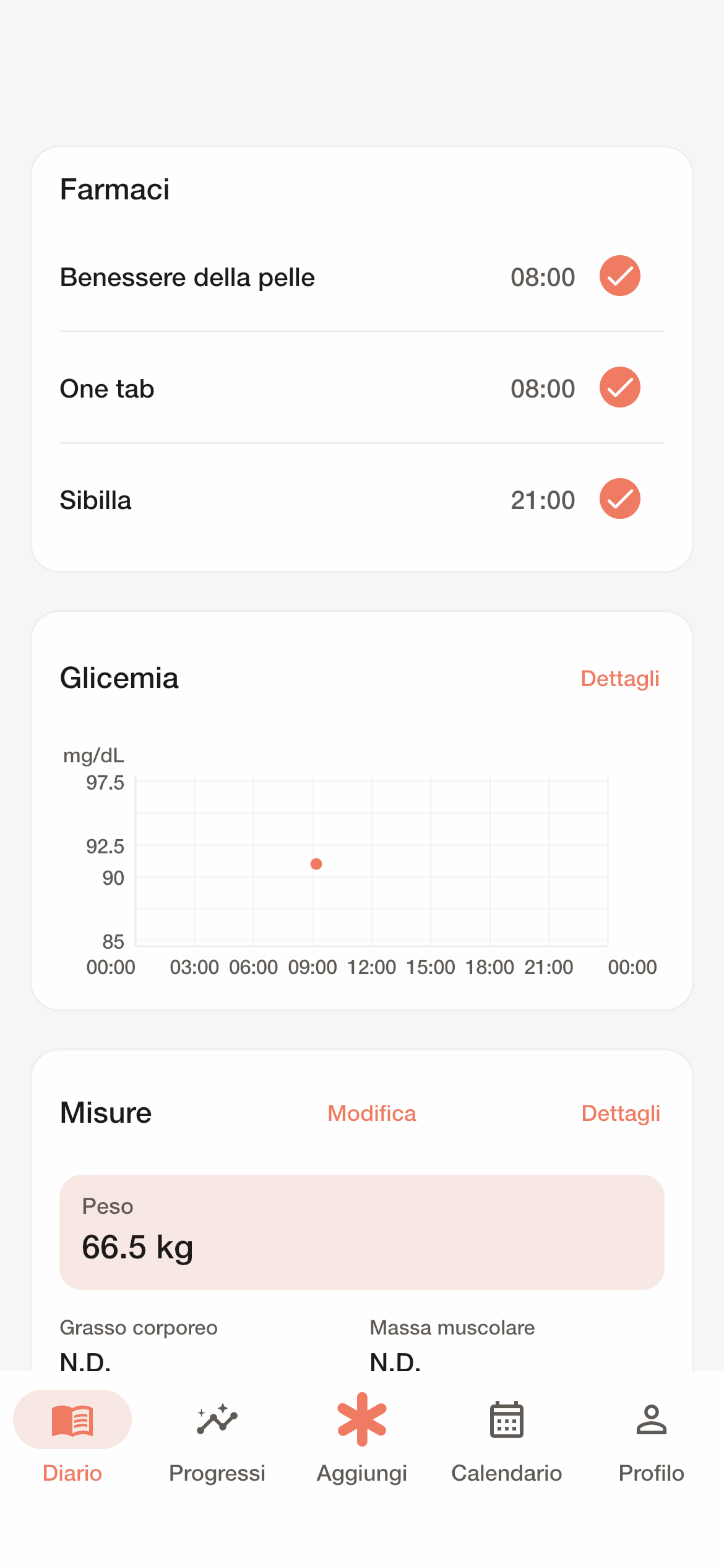 Diario POSTILLO con farmaci, glicemia e misure nella stessa giornata